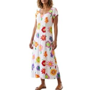 VTG JAMS WORLD Midi Dress Womens S Cream Floral Cap Sleeves Back Ties FLAWS